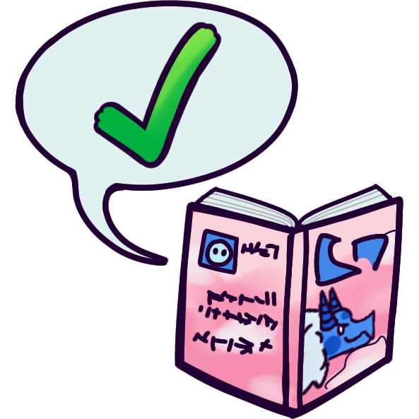 a speech bubble with a check mark coming from the front of an open pink book with a blue eastern dragon on the front